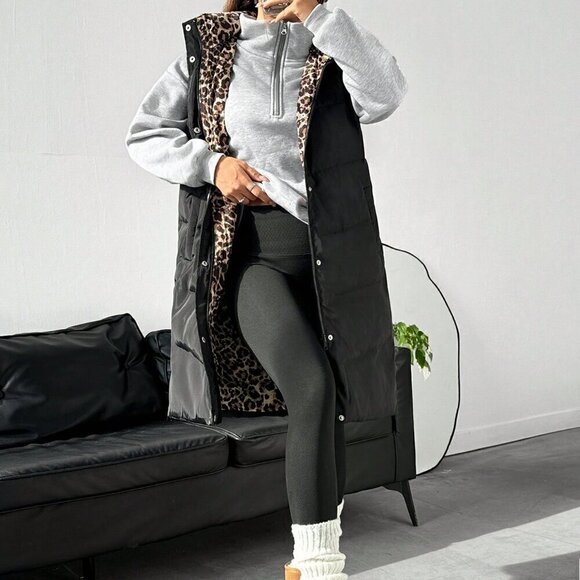 Black Casual Women's Front Button Sleeveless Hooded Padded Coat
